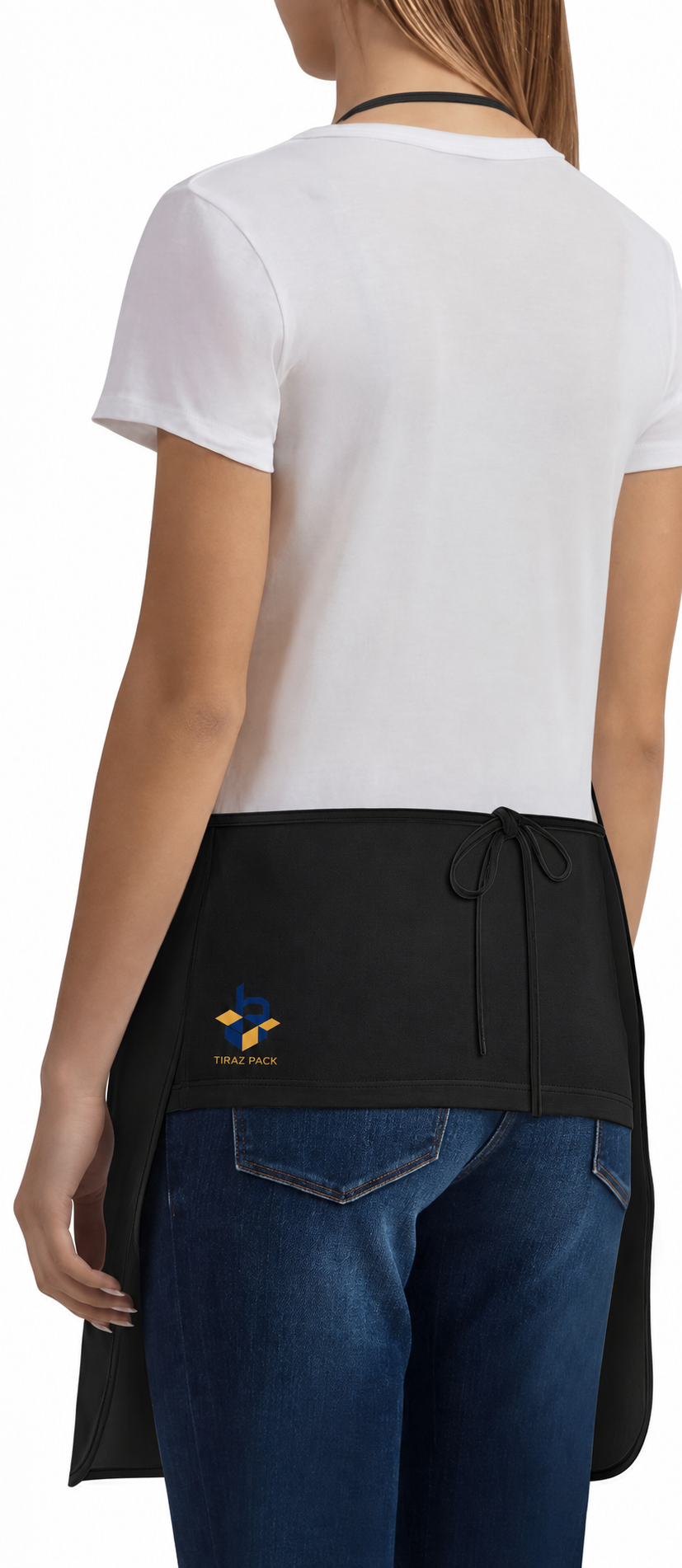 Back view of a black chef apron with Tiraz Pack embroidery