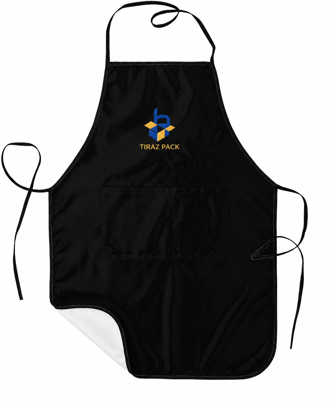 Flat-lay black chef apron with Tiraz Pack logo embroidery and two front pockets