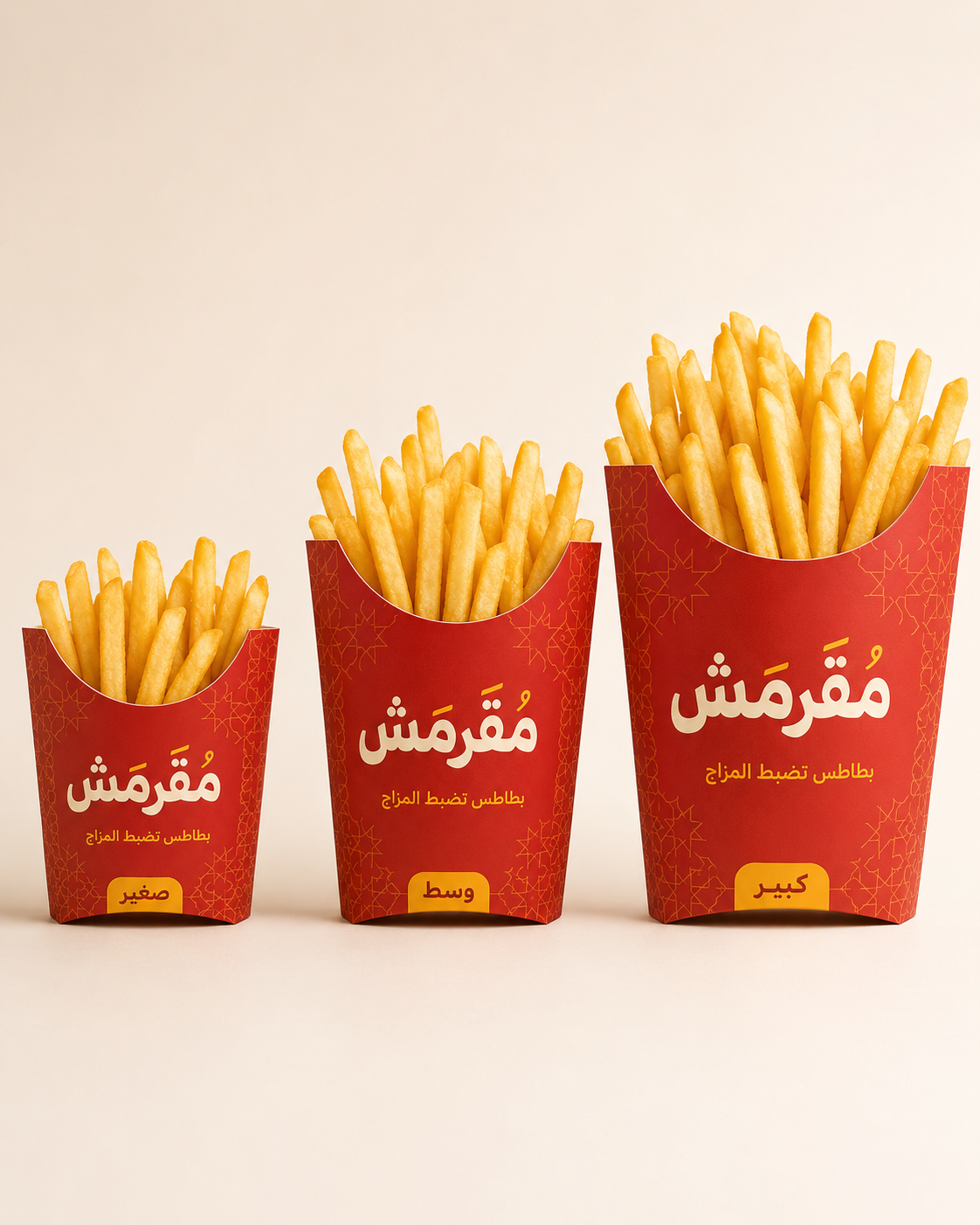علب بطاطس ورقية مطبوعة بثلاثة مقاسات وتصميم عربي