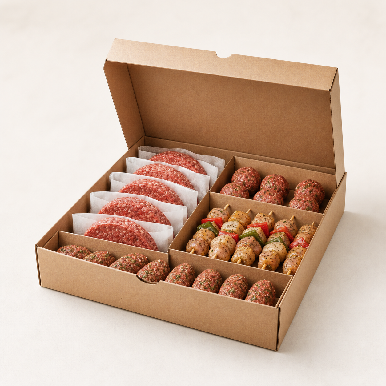 Unbranded cardboard box for burger patties and ready-to-grill appetisers with dividers
