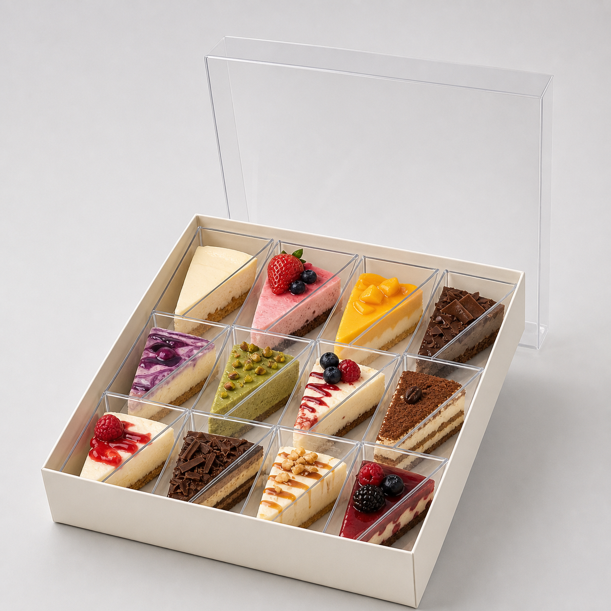 Premium dessert slice box with clear acrylic triangular dividers