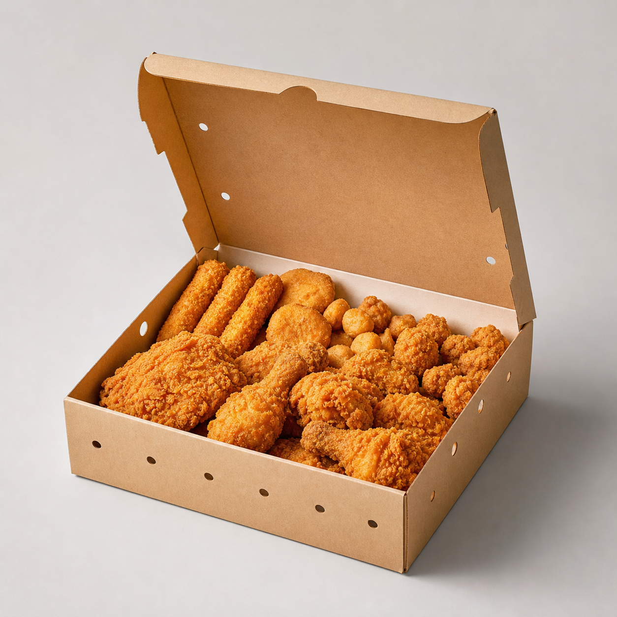 Vented kraft family box filled with crispy chicken and appetizers