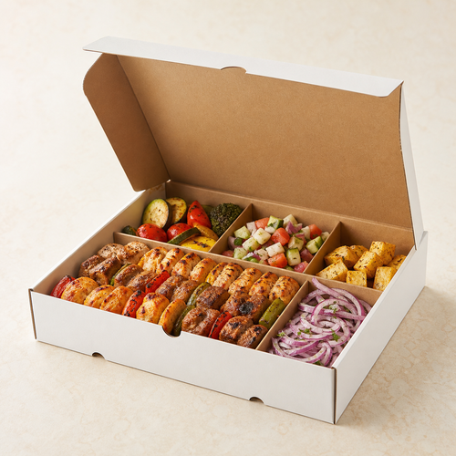 Unbranded oil- and moisture-resistant family barbecue food box with divided grilled meal
