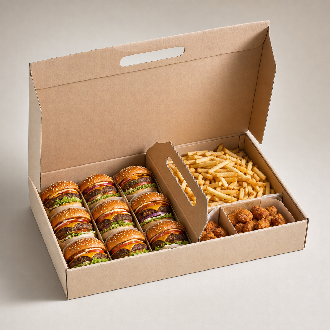 Corrugated family meal box with burgers, fries and appetizers