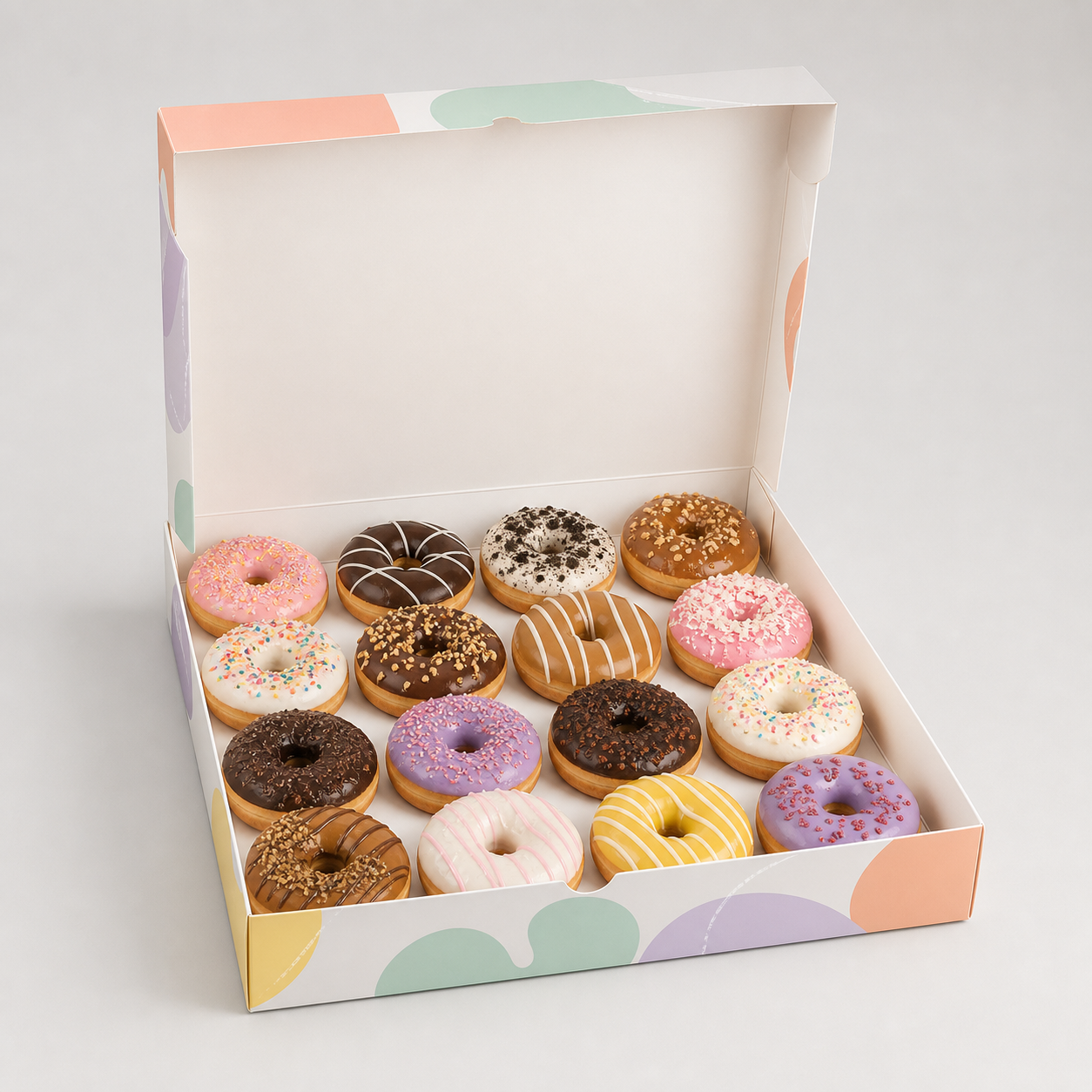 Open square family donut box holding sixteen assorted donuts