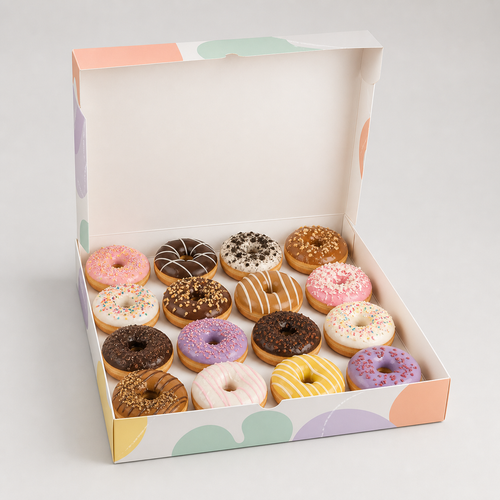Open square family donut box holding sixteen assorted donuts