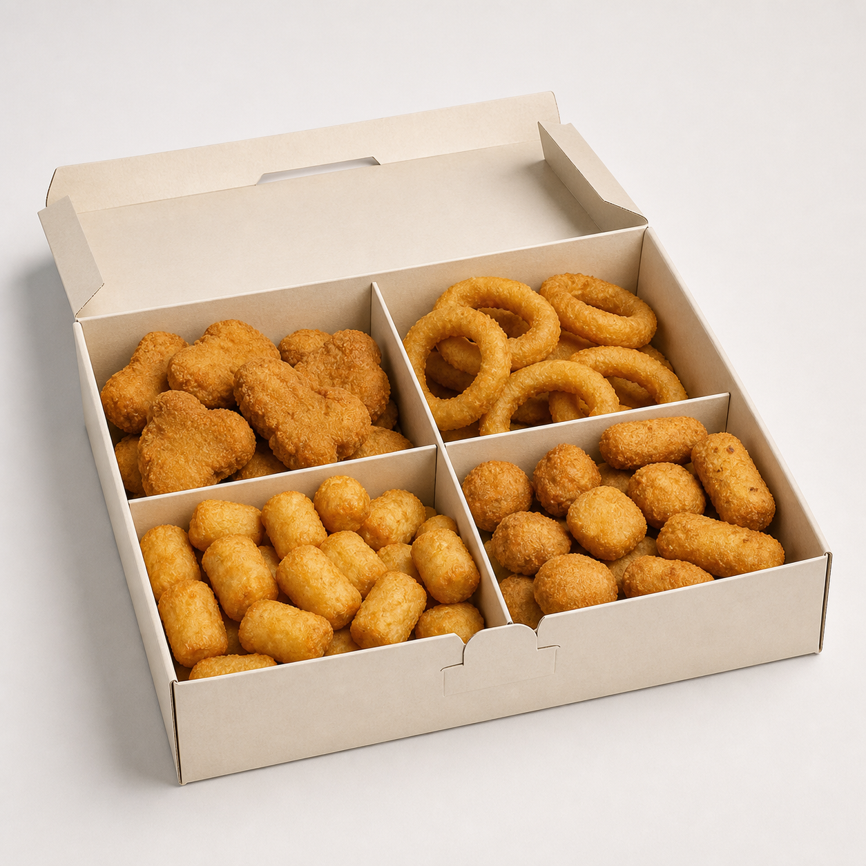 Four-compartment snack catering box with assorted fried appetizers