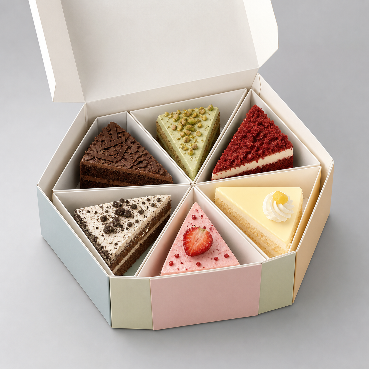 Hexagonal six-section cake box with detachable triangular dessert compartments