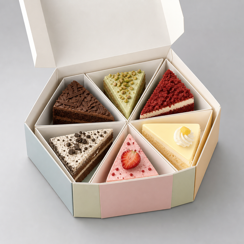 Hexagonal six-section cake box with detachable triangular dessert compartments