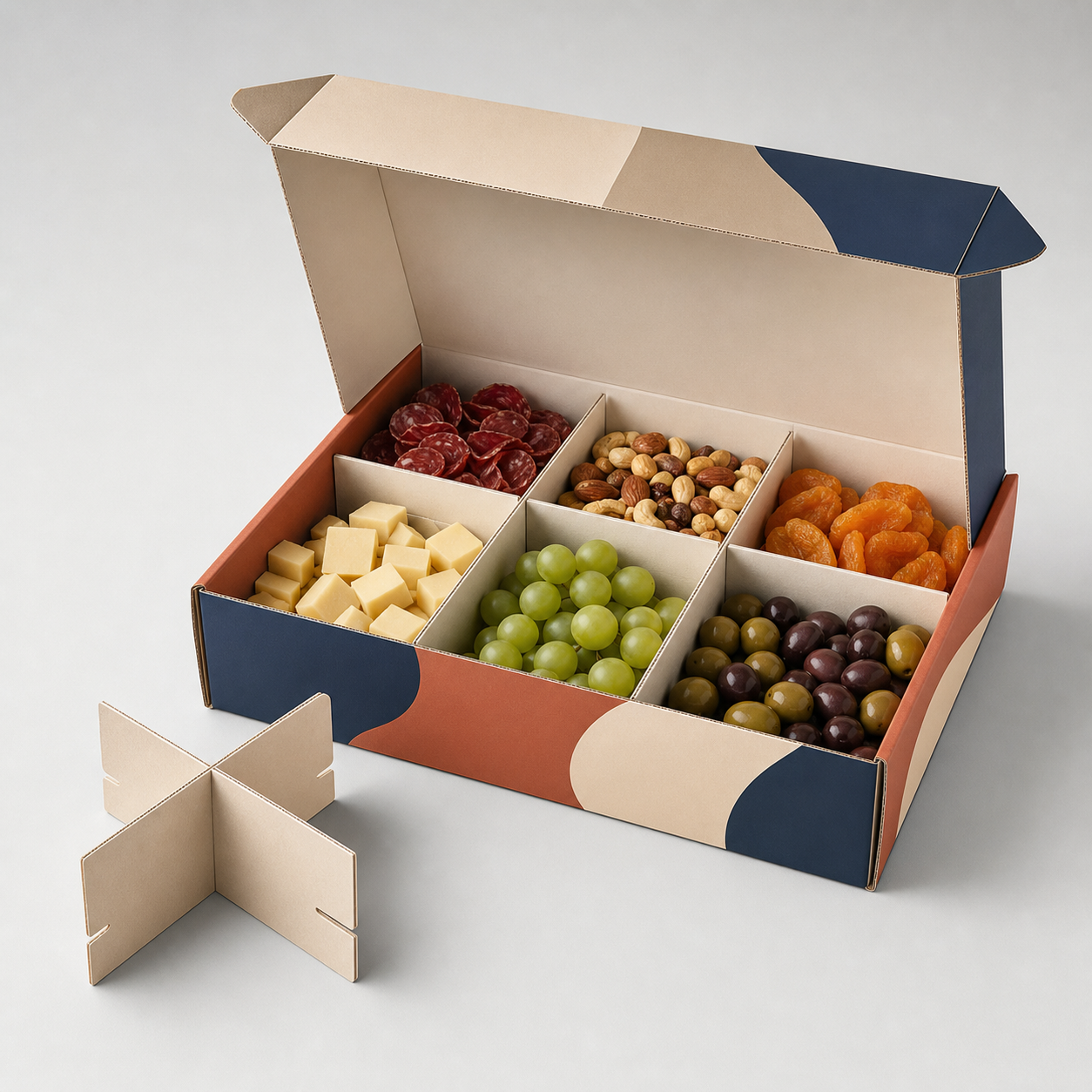 Modular food box with adjustable removable dividers in six compartments