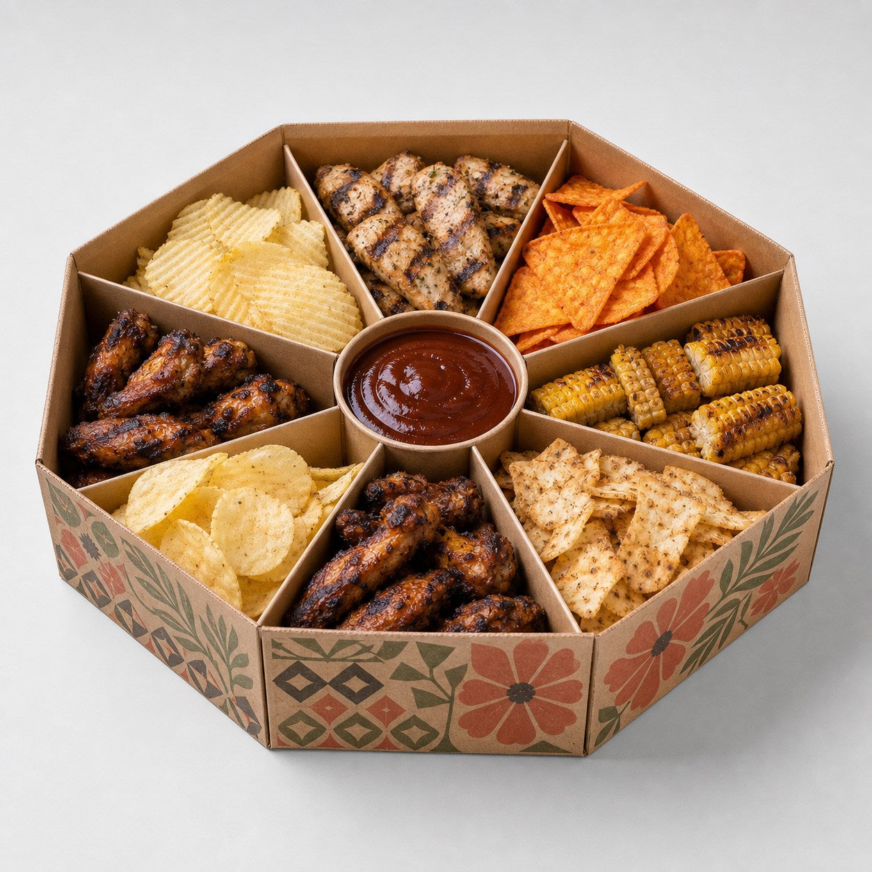 Octagonal gathering box with eight snack compartments and central sauce holder