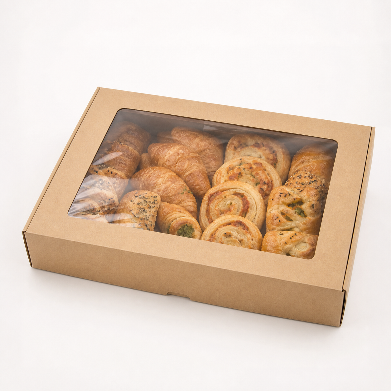 Kraft pastry catering box with a clear window and assorted pastries