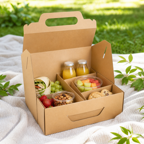 Unbranded picnic and park outing box with integrated cardboard carry handles