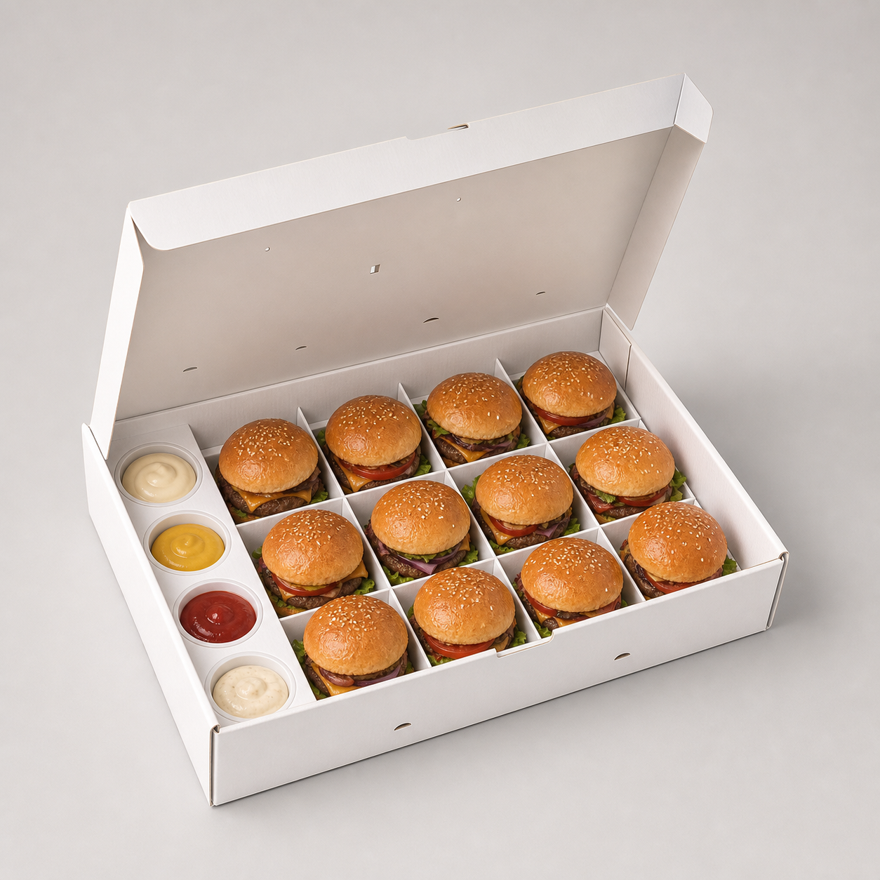 Premium white food-service box holding twelve sliders with four sauce compartments