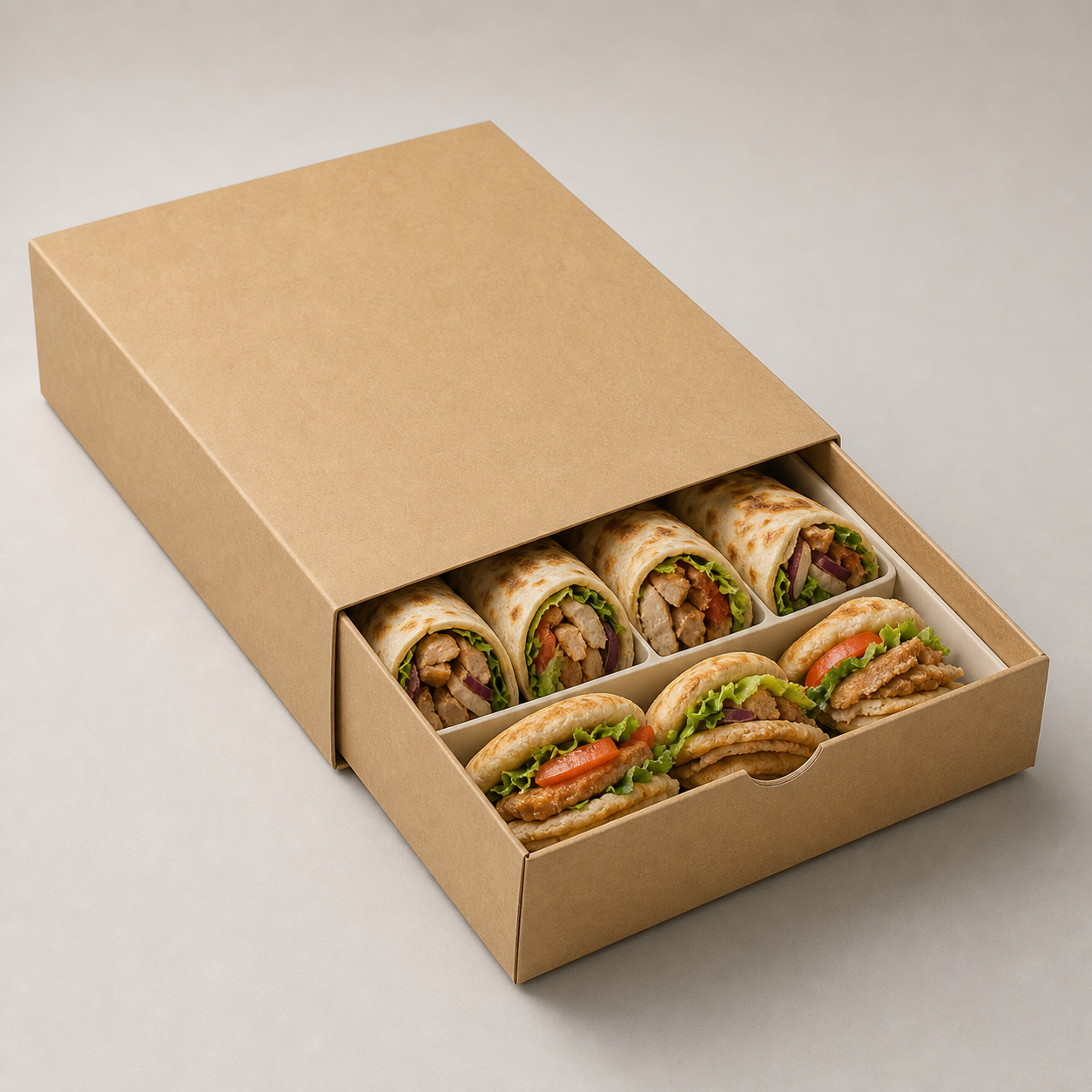 Kraft sliding drawer food box with shawarma wraps and mini sandwiches