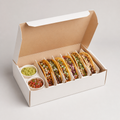Taco catering box with upright taco holders and sauce wells