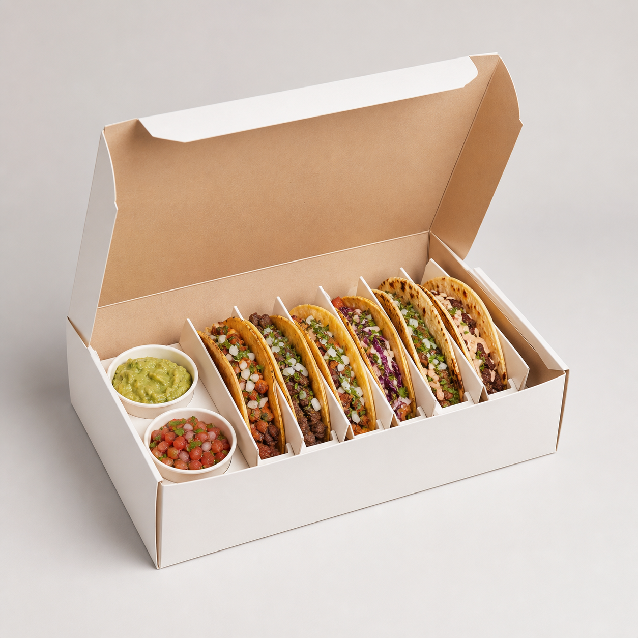 Taco catering box with upright taco holders and sauce wells