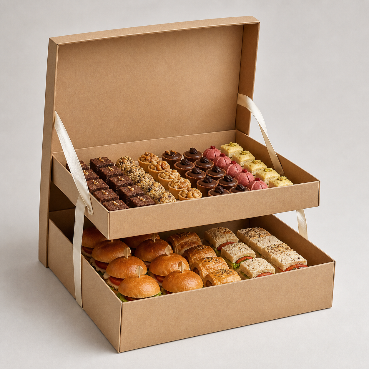 Large two-tier gathering box with movable upper tray for savouries and sweets