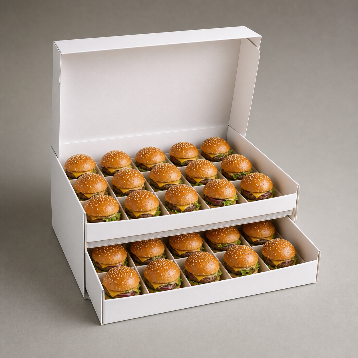 Two-tier mini burger tower box with grease barrier tray